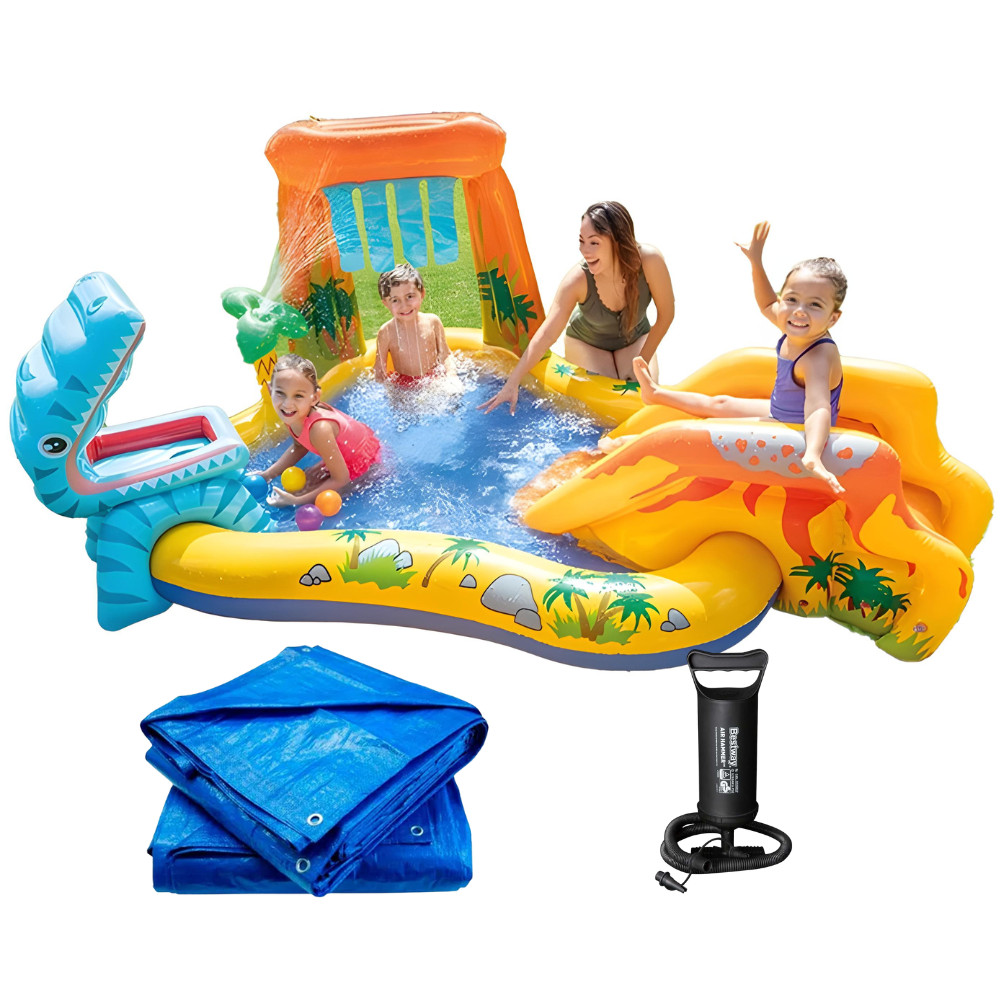 Kit Piscina Playground Dinossauro Intex 310 Litros com Bomba Manual e Forro de Proteção 3x2m em Oferta na Shopee