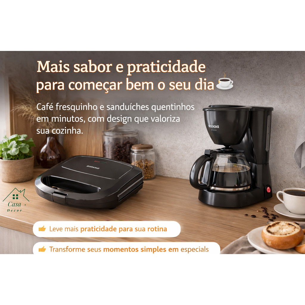 Cafeteira 15 Xícaras 127v e Sanduicheira Preto 127v