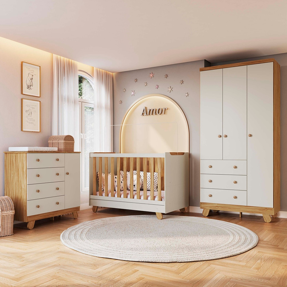 Quarto de Bebê Completo com Guarda-roupa 3 Portas Cômoda Pingo e Berço 4em1 Minicama Zuri em MDF Móveis Peroba