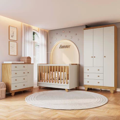 Quarto de Bebê Completo com Guarda-roupa 3 Portas Cômoda Pingo e Berço 4em1 Minicama Zuri em MDF Móveis Peroba