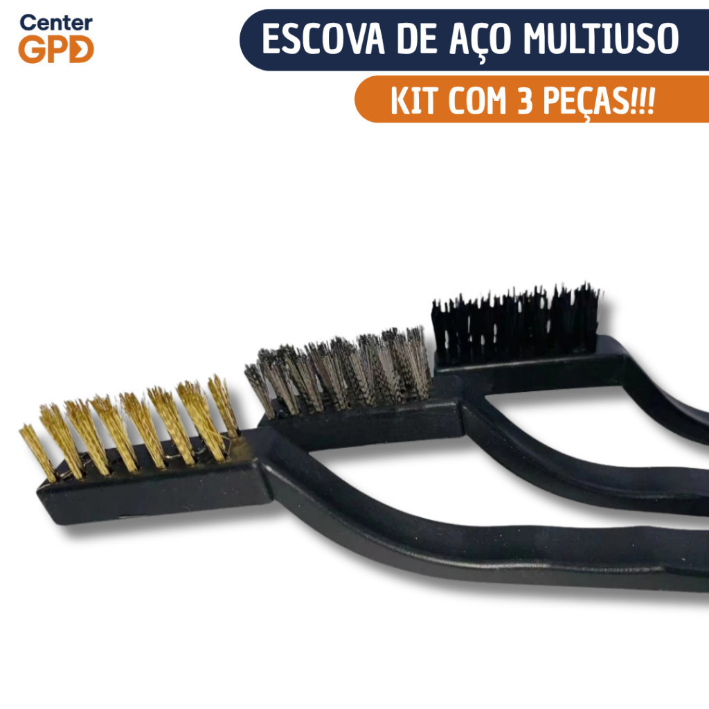 Kit 3 Escova de aço Multiuso Jogo 3 pçs Cerdas Aço Latão e Nylon Cabo De Plástico Utensilio