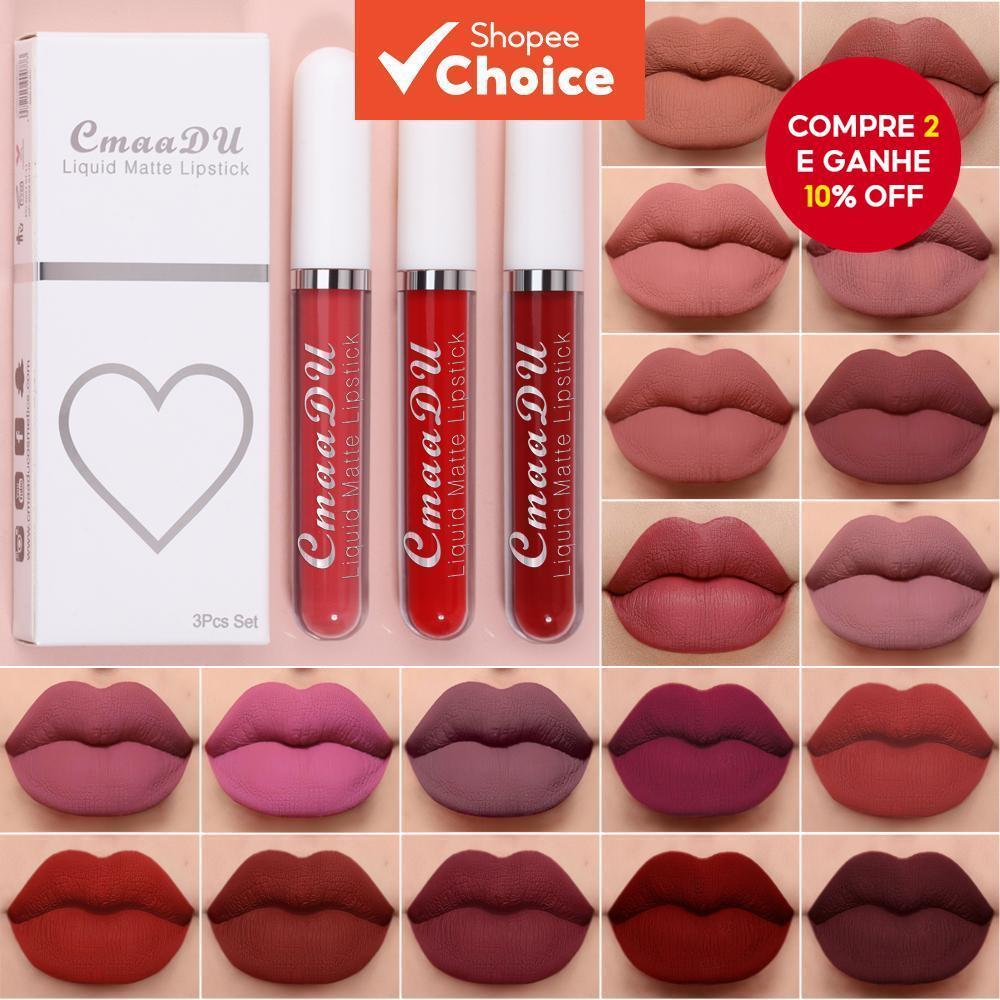 CmaaDu 3 Pcs Lip Gloss Batom Longa Duração À Prova d'Água, Copo Antiaderente, 18 Cores