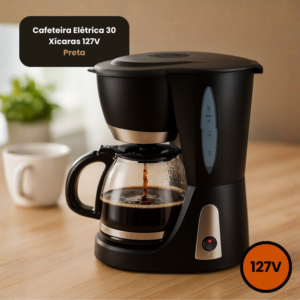 Cafeteira Elétrica Grande 30 Xícaras 127V Preta Automática Jarra de Vidro Café Pronto Rápido