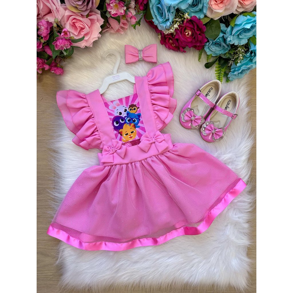 Romper Rosa Vestido Bolofofos Bolo Menina Infantil Princesa Bebê Fantasia Mesversario Aniversário Tematico + Laço