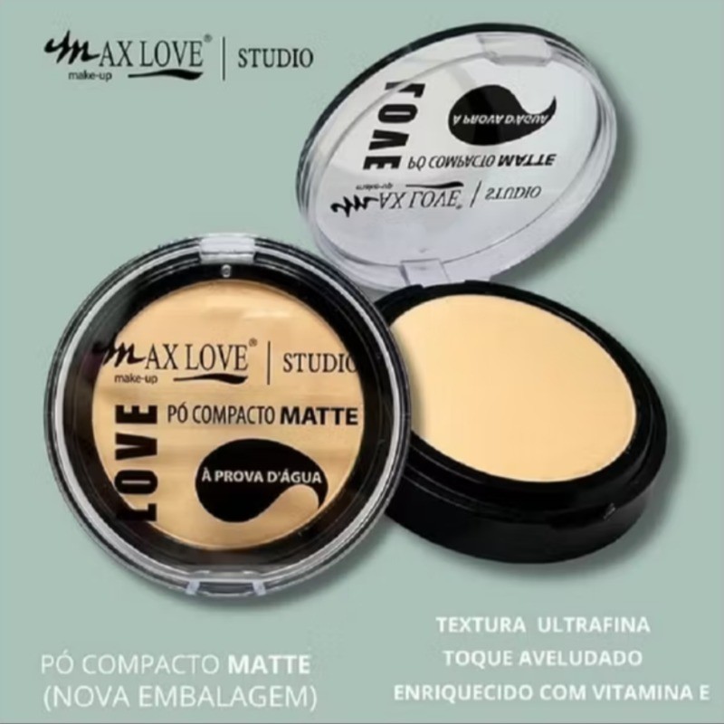 Pó Compacto Matte à Prova d’Água Max Love Studio Alta Cobertura Com Efeito Aveludado Cor 200 e 205