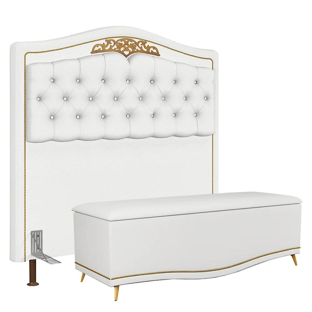 Cabeceira Cama Box Casal 140cm Com Calçadeira Baú Imperial J02 Sintético Branco - Mpozenato