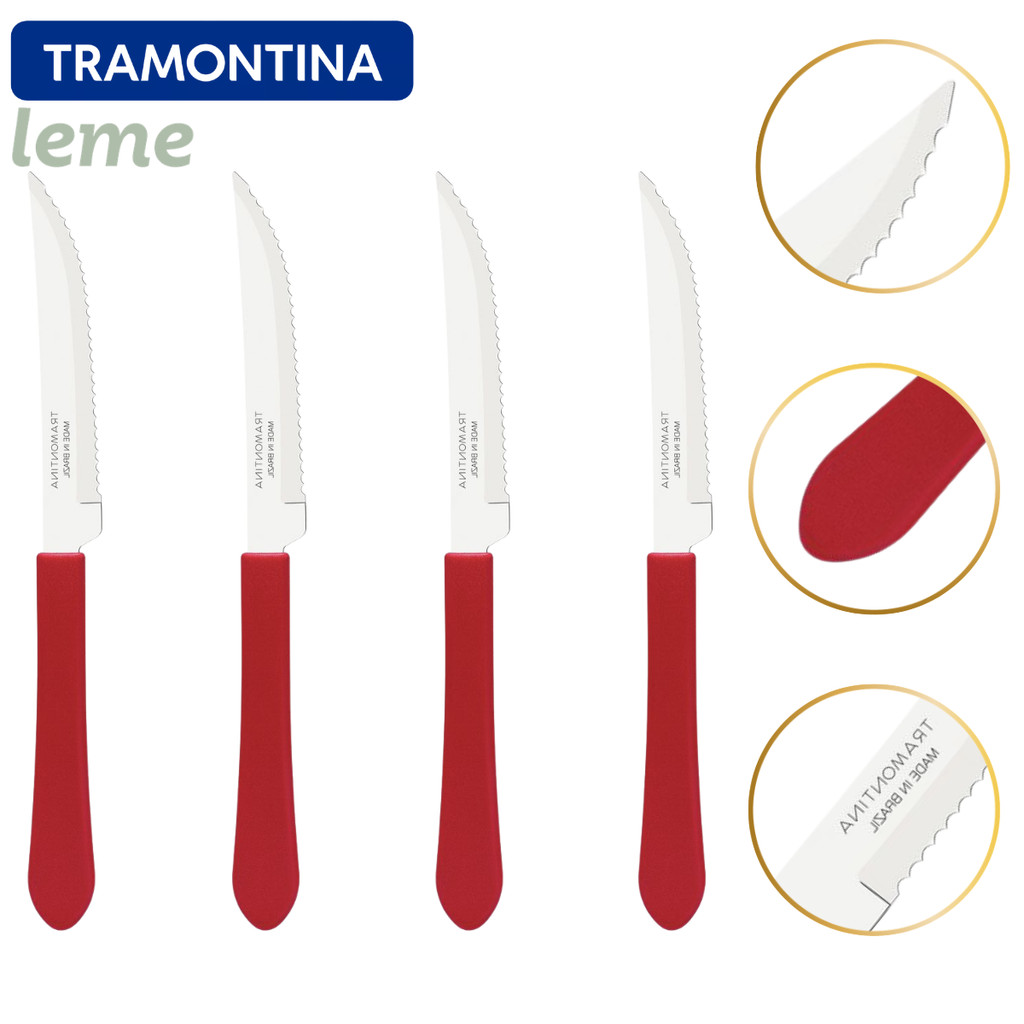 Kit Faca de Mesa Churrasco 4 6 12 peças Tramontina Leme Lamina Inox Cabo Polietileno Vermelha