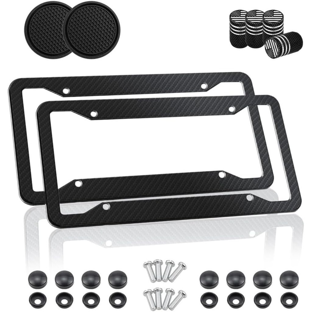 Quadros De Placa De Fibra De Carbono De 2 Pacotes , Protetores Pretos Para Placas Dianteiras E Traseiras Com Tampas De V