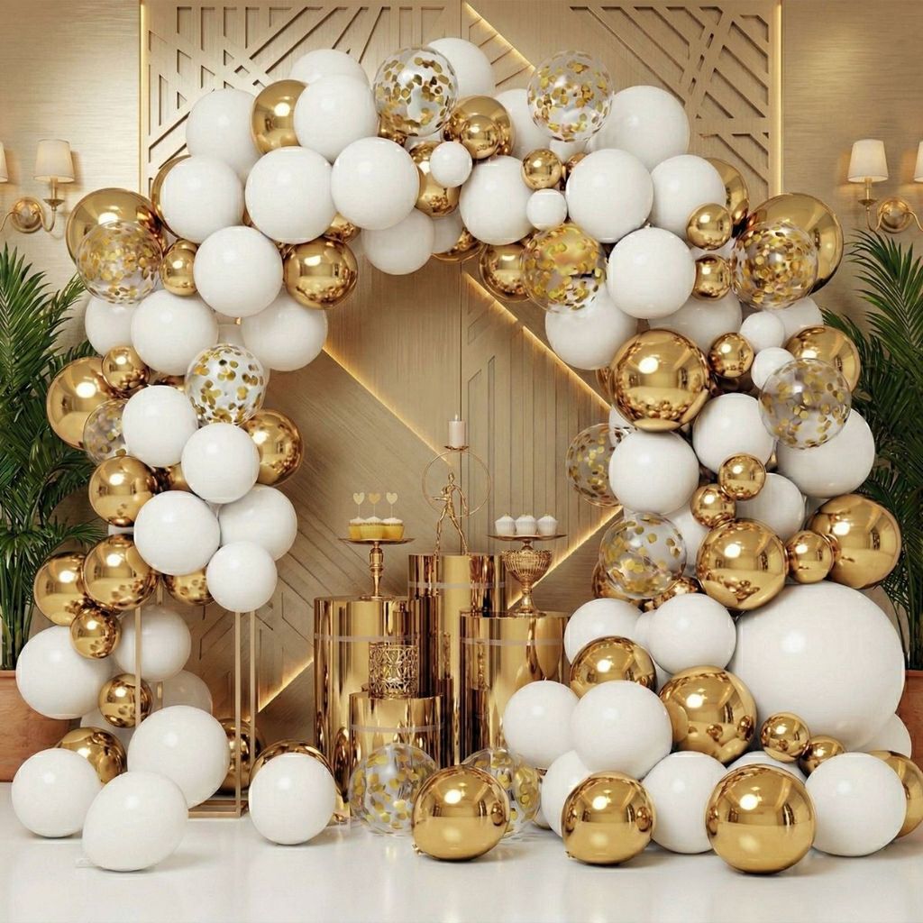 Kit Festa Decoração Luxo Balões Branco Dourado Gold Premium Bola Cromado Metalizado Arco Desconstruído Aniversario