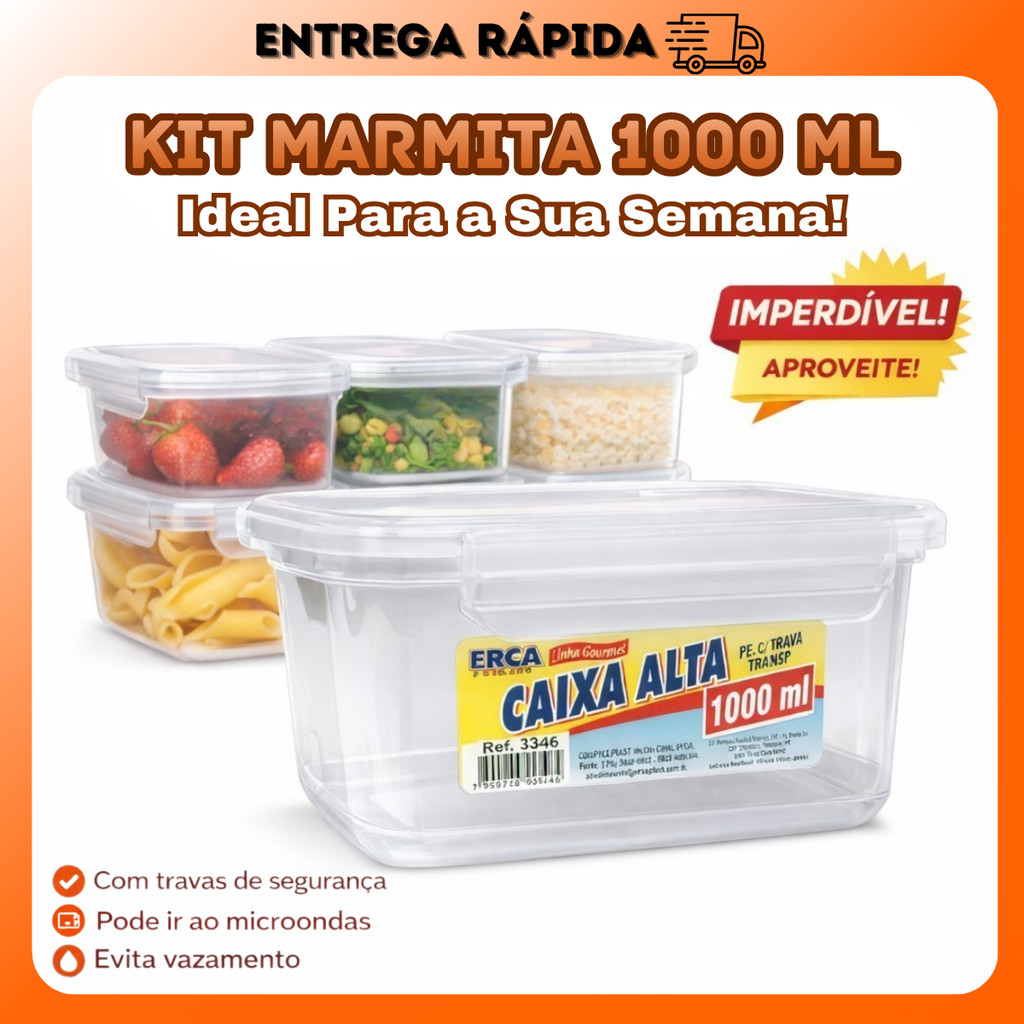 Kit Marmita 1000ml Com Trava Fitness Pote Multiuso Plastico Transparente Alimentos Cozinha BPA Free