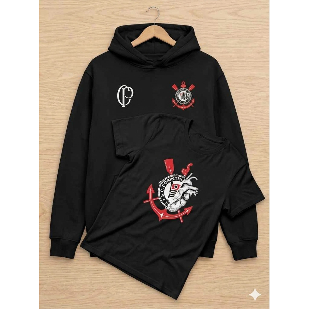 Moletom Corinthians + Camiseta SCCP Kit Camisa e Blusa Masculino Canguru Capuz Blusa Frio Algodão Torcedor Timão