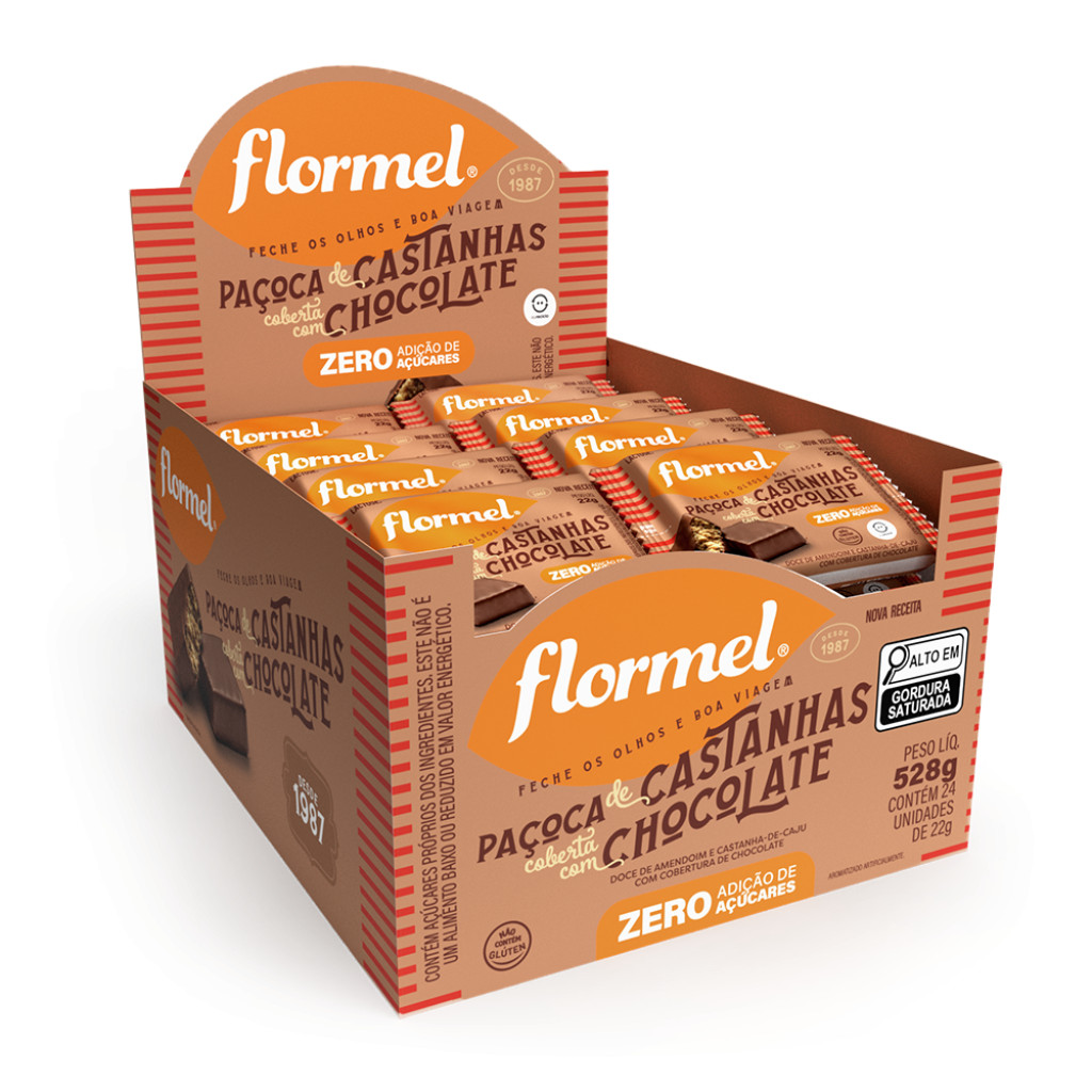 Paçoca Zero Açúcar Castanhas com Chocolate Cacau Sem Glúten Flormel 20g Cada Caixa 24 unidades