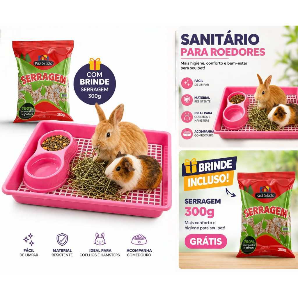 Sanitário Espaçoso Banheiro bandeja P/ Roedor Coelho e Porquinho da Índia Hamster + SERRAGEM 300GR