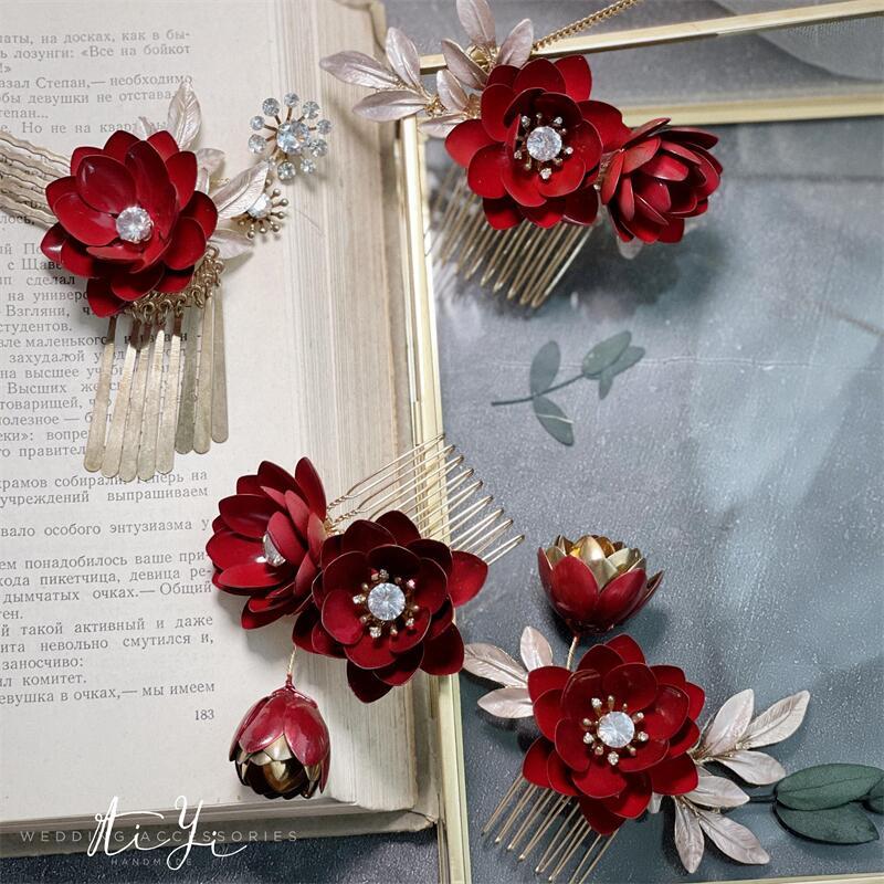 Luz Retro extravagante estilo lótus vermelho nupcial Hanfu antigo traje Cheongsam cocar fada cabeleireiro pente brinde v