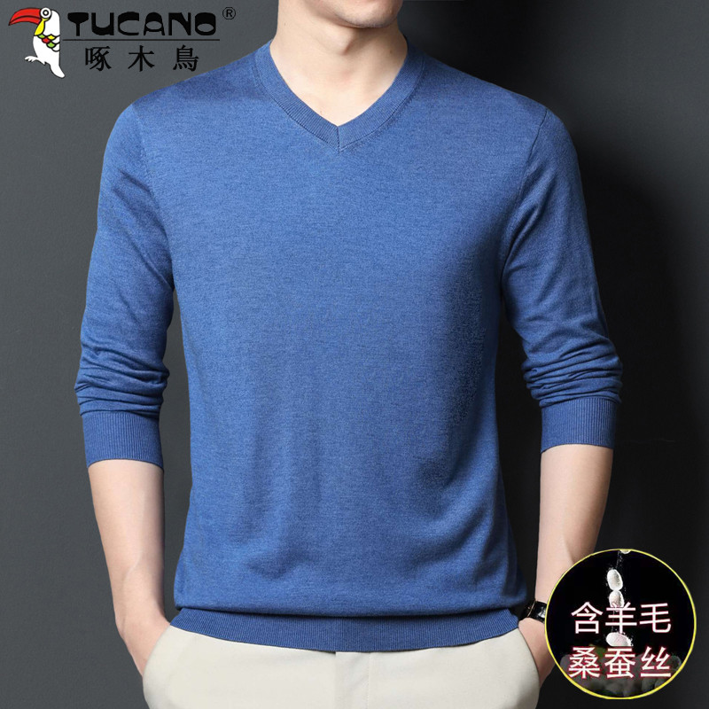 Woodpecker primavera outono camisola masculina com decote em V camisola fina gola de coração solta amoreira seda malha c