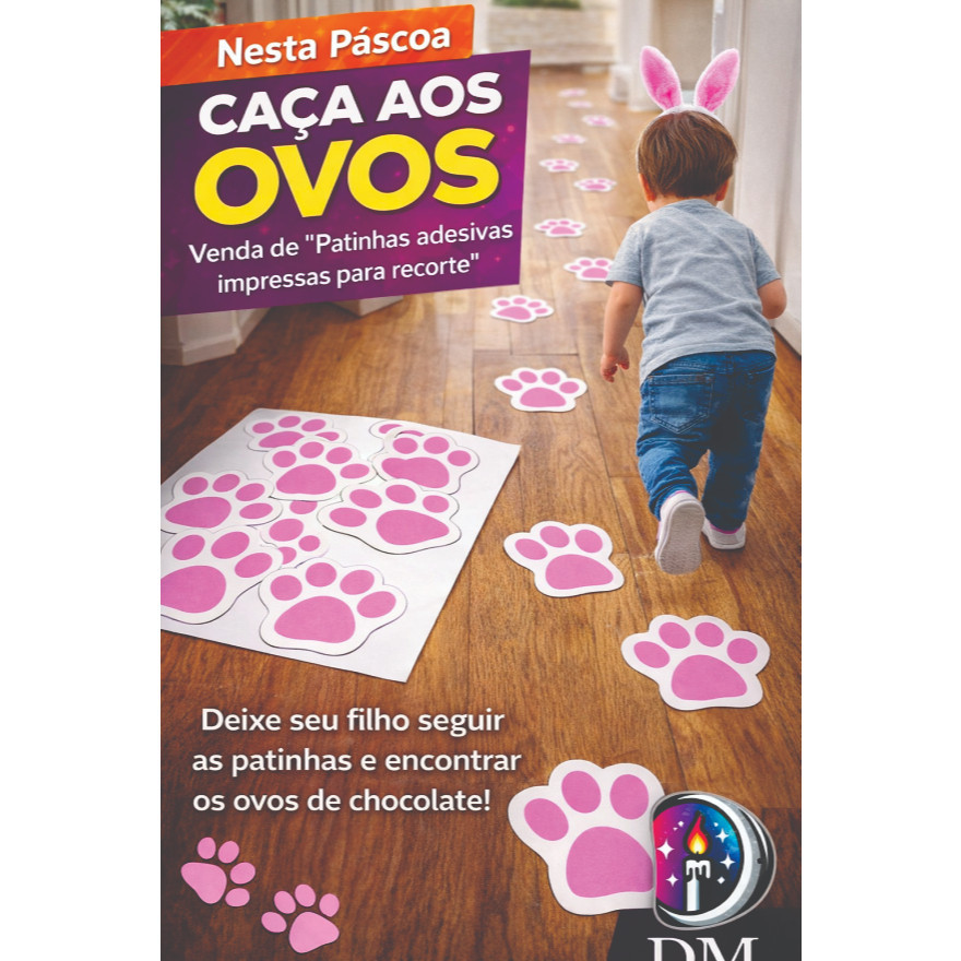 Patinhas Adesivas Caça aos Ovos – Páscoa 50 unidades 4cm adesivo para recorte manual