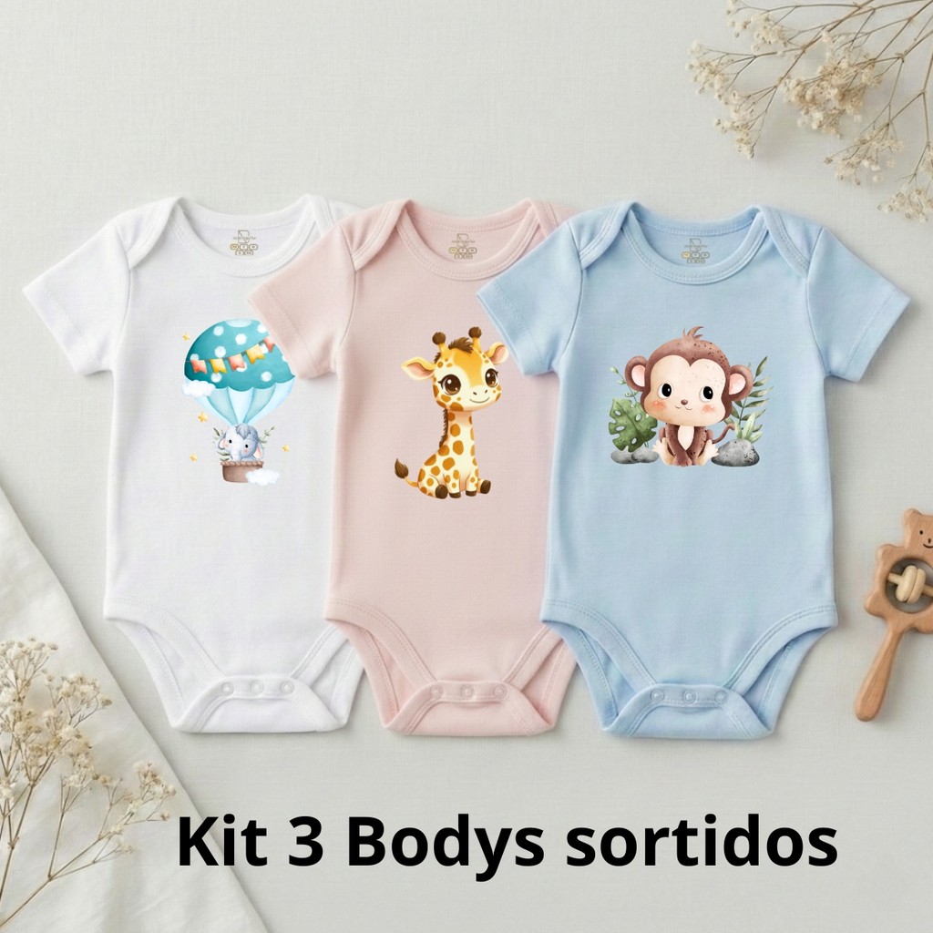 Kit 3 Bodys Bebê Infantil Criança Estampas Variadas Safari Enxoval Mesversário Confortável Unissex