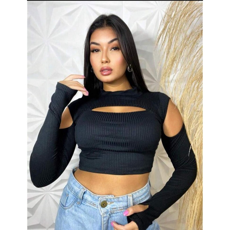 Cropped Dedeira Feminino Manga Longa Punho Luva Abertura no Busto e Ombros - Canelado Inverno Top Blusinha