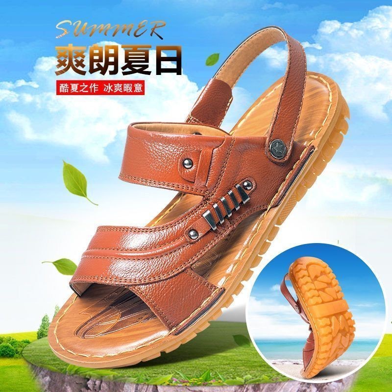 F Sandálias masculinas de couro genuíno de primeira camada com sola de tendão de carne sapatos de praia antiderrapantes 