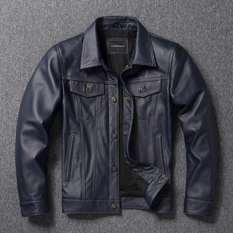 Venda direta da fábrica primeira camada de couro genuíno jaqueta masculina clássico azul 507 Denim jaqueta de couro fino