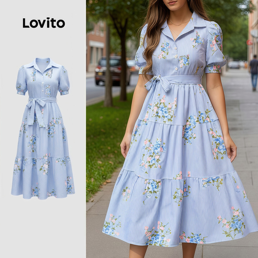 Lovito Vestido elegante com botão frontal e cinto primavera/verão vestido azul para mulheres LK3LD487 em Oferta na Shopee