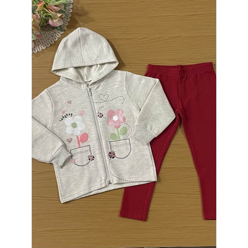 Conjunto Infantil Menina Brandili Inverno com Calça Legging e Jaqueta Flanelada Cinza Florzinha