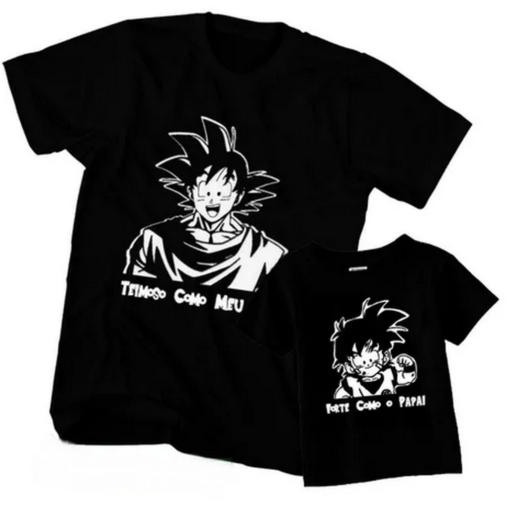 Kit Tal Pai Tal Filho Goku e Gohan Camisa Teimoso como o Filho Forte Como o Papai 2 Camisetas
