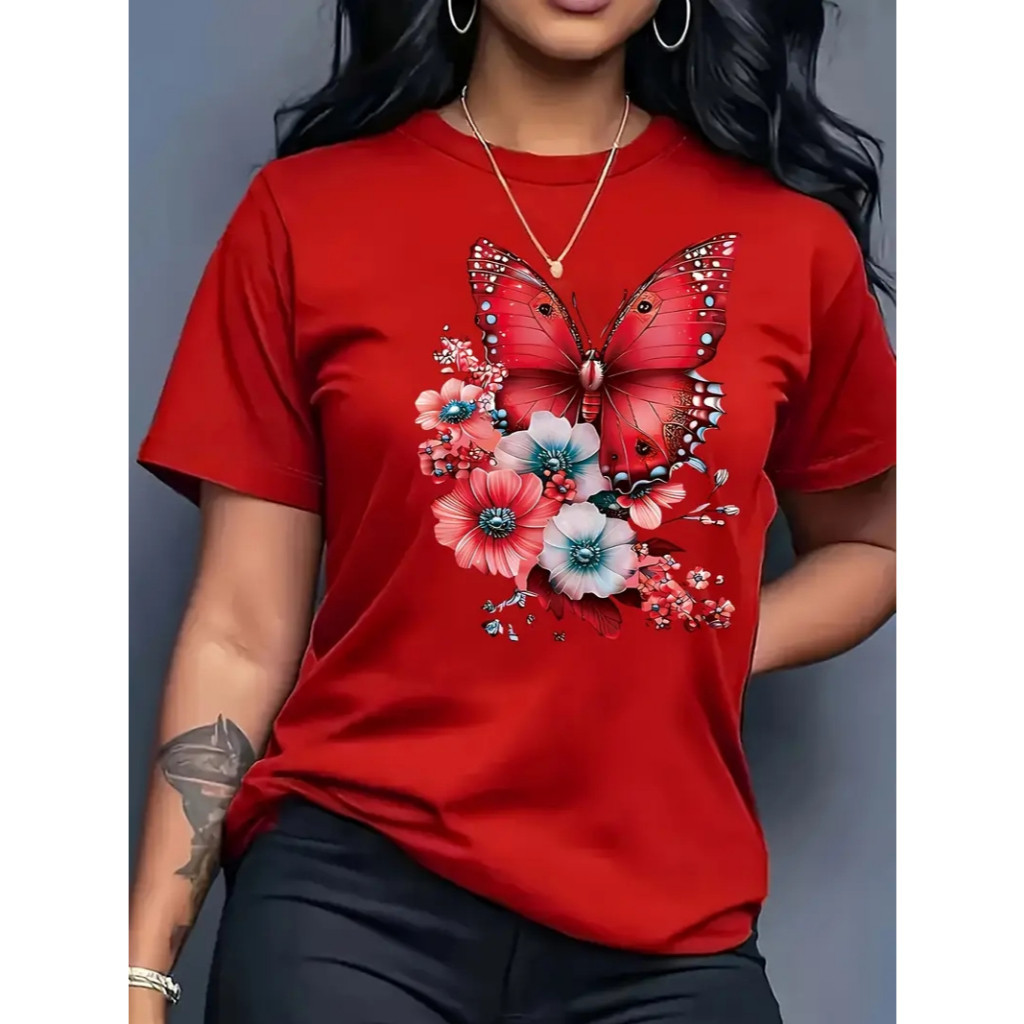 CAMISETA FEMININA BLUSA BASICA CASUAL ESTILOSA BORBOLETAS FLORES