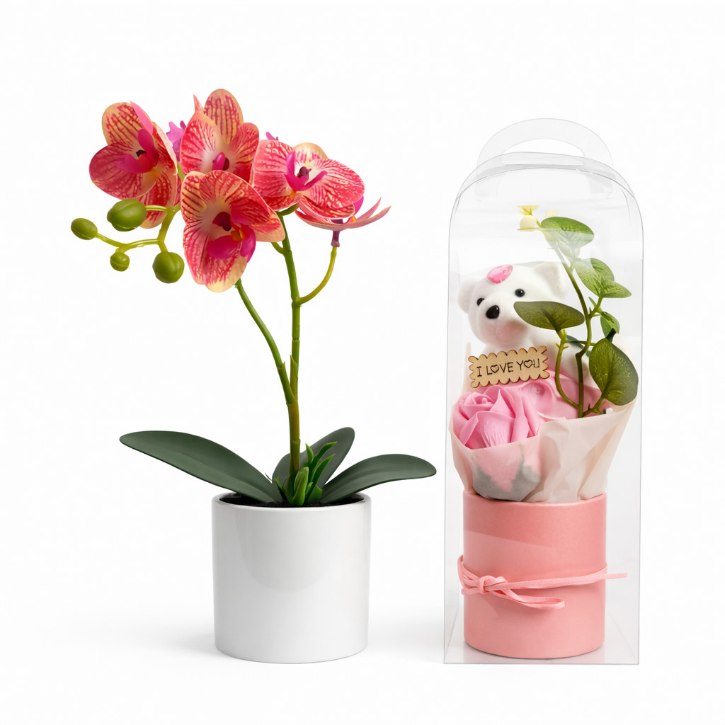 Kit Orquídea Com 7 Flores Presente Delicado Urso na Caixa