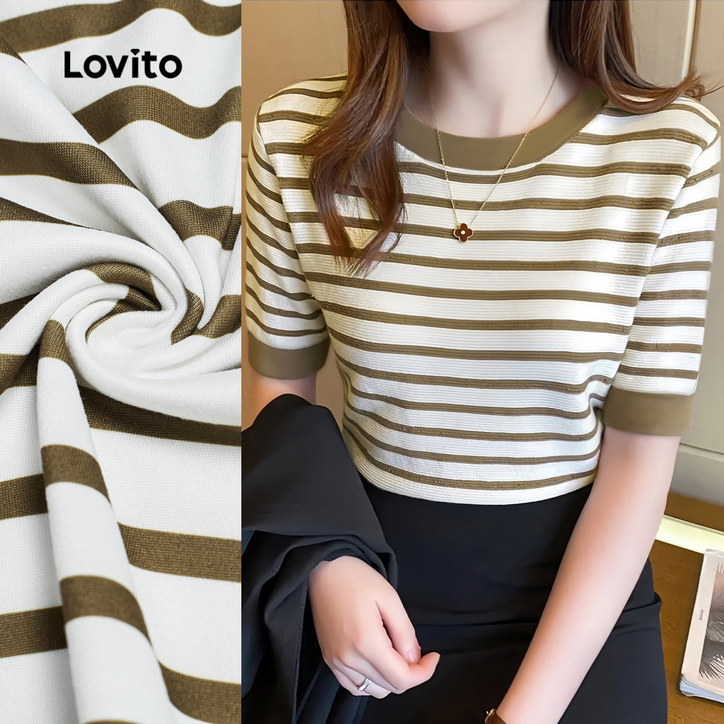Lovito Elegante Camiseta Colorblock Lazer Primavera/verão Cáqui para Mulheres L165ED1514