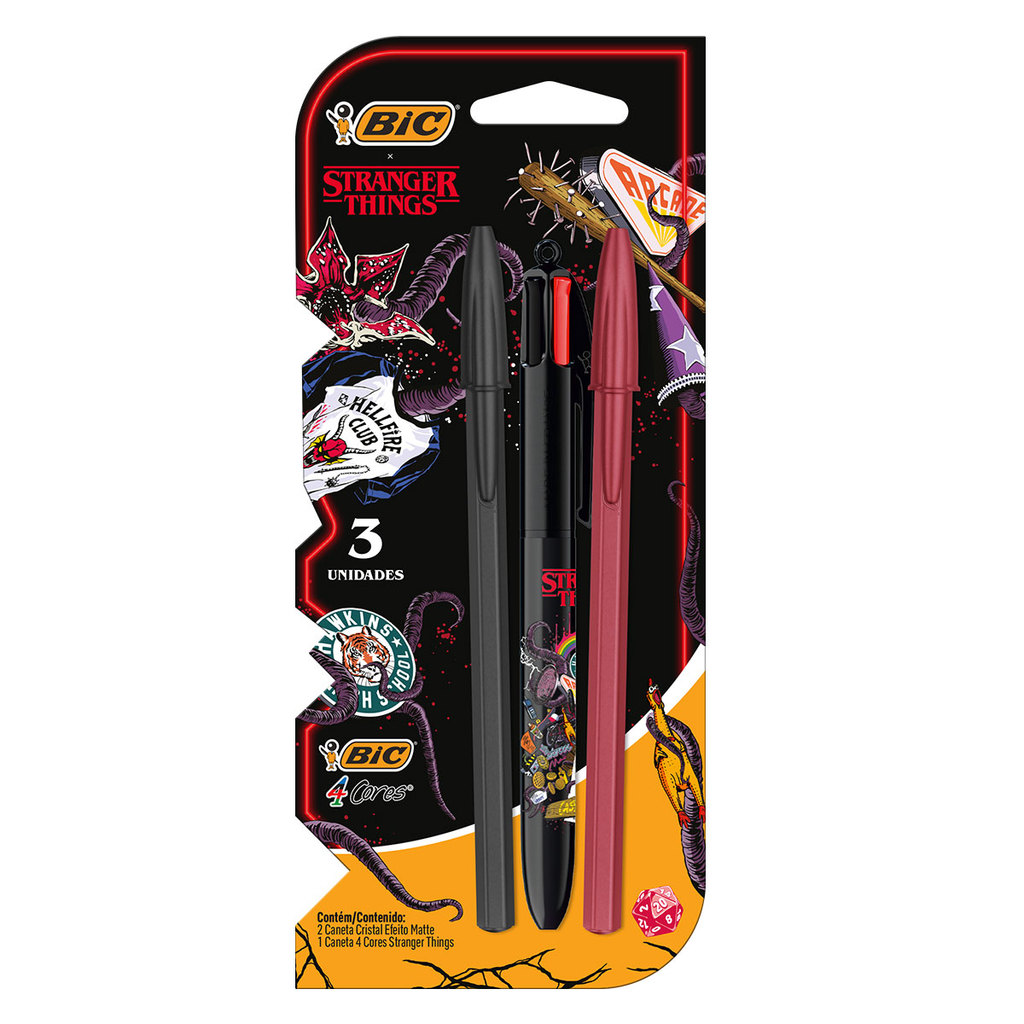 Caneta esferográfica 4 cores e 2 canetas Cristal Matte Stranger Things Bic em Oferta na Shopee