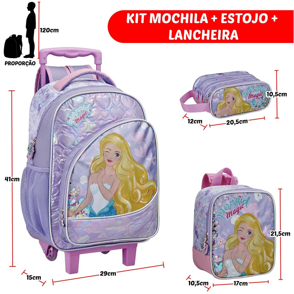 Kit Mochila de Rodinha + Lancheira + Estojo Infantil Menina Escolar Sereia Criança Bolsa Feminino