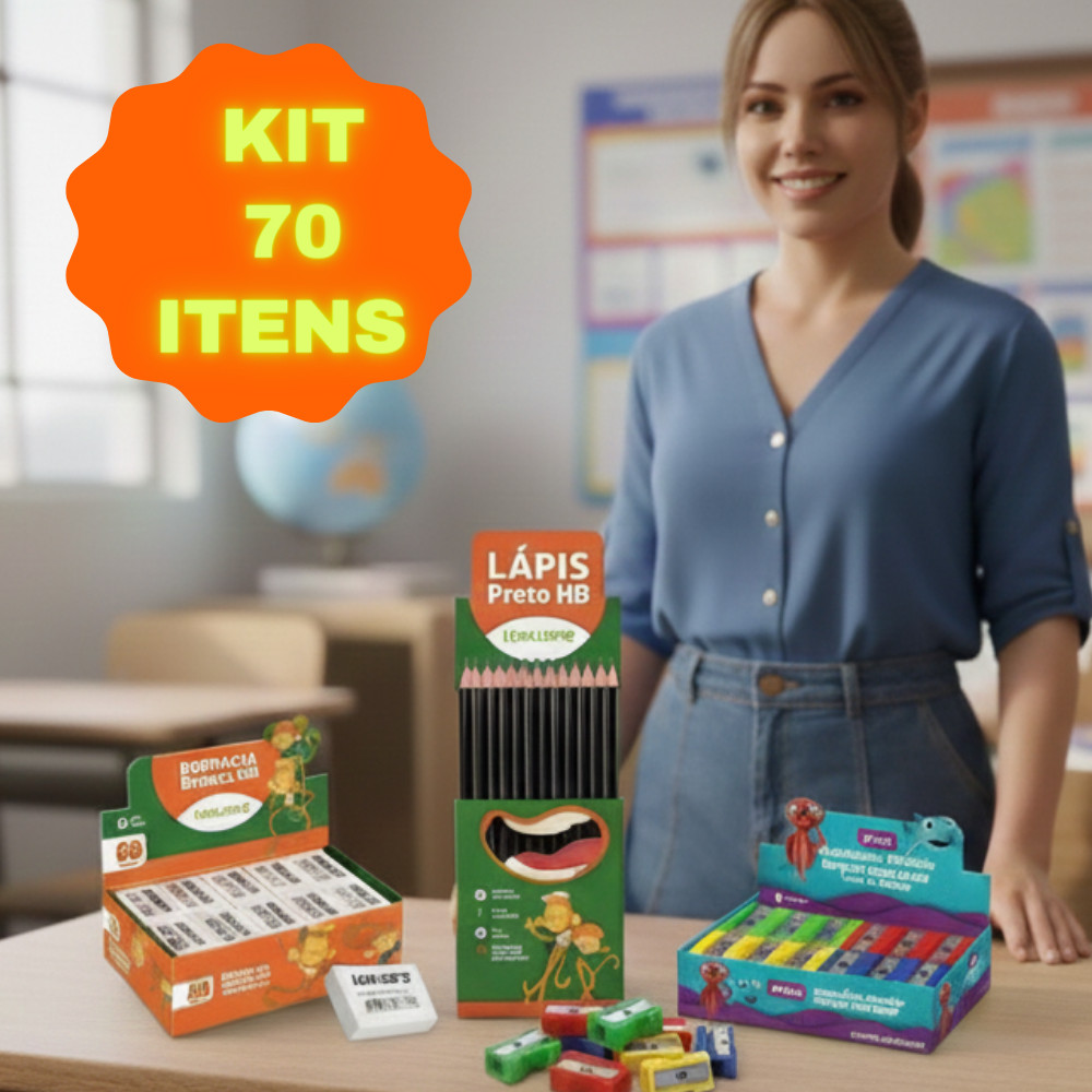 Kit Escolar Completo com 70 Itens: Lápis, Borrachas e Apontadores - Tudo que Você Precisa para o Ano Letivo