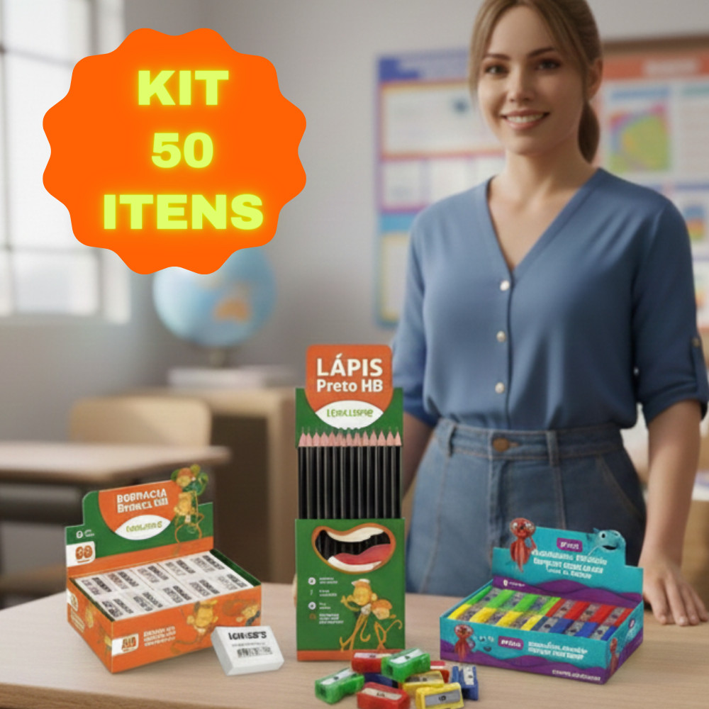 Kit Escolar Completo com 50 Itens: Lápis, Borrachas e Apontadores - Tudo que Você Precisa para o Ano Letivo