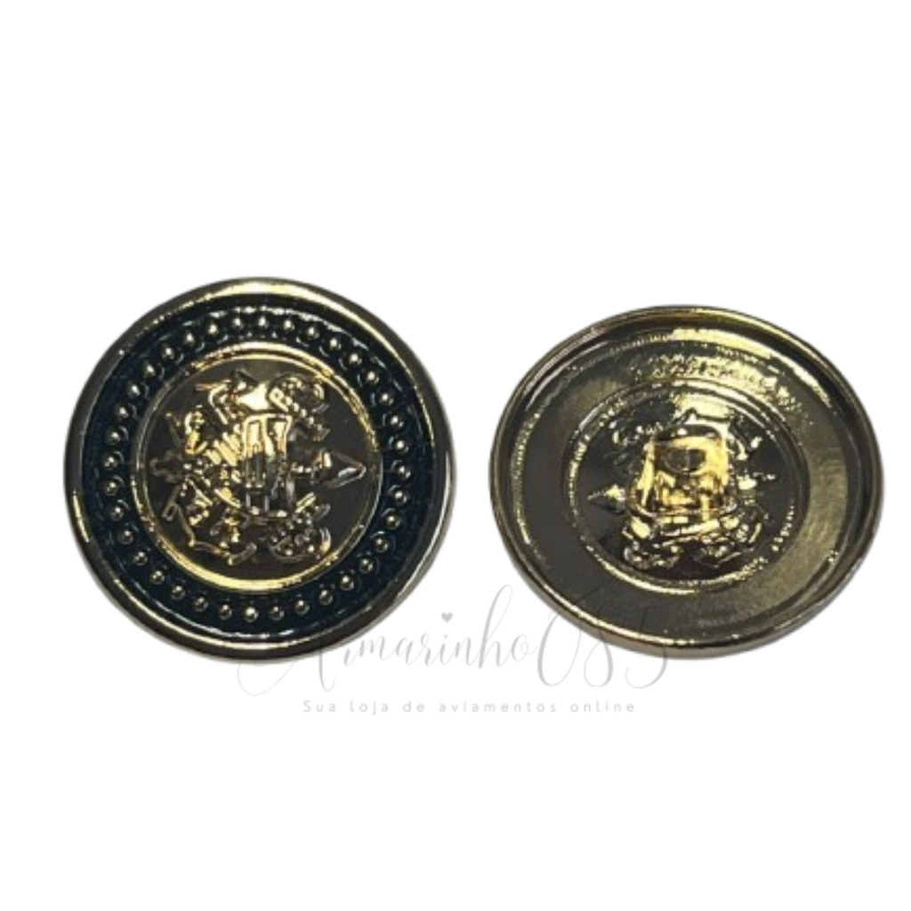 Botão Metal Brasão Preto com Dourado Com Pé C/10 Unidades