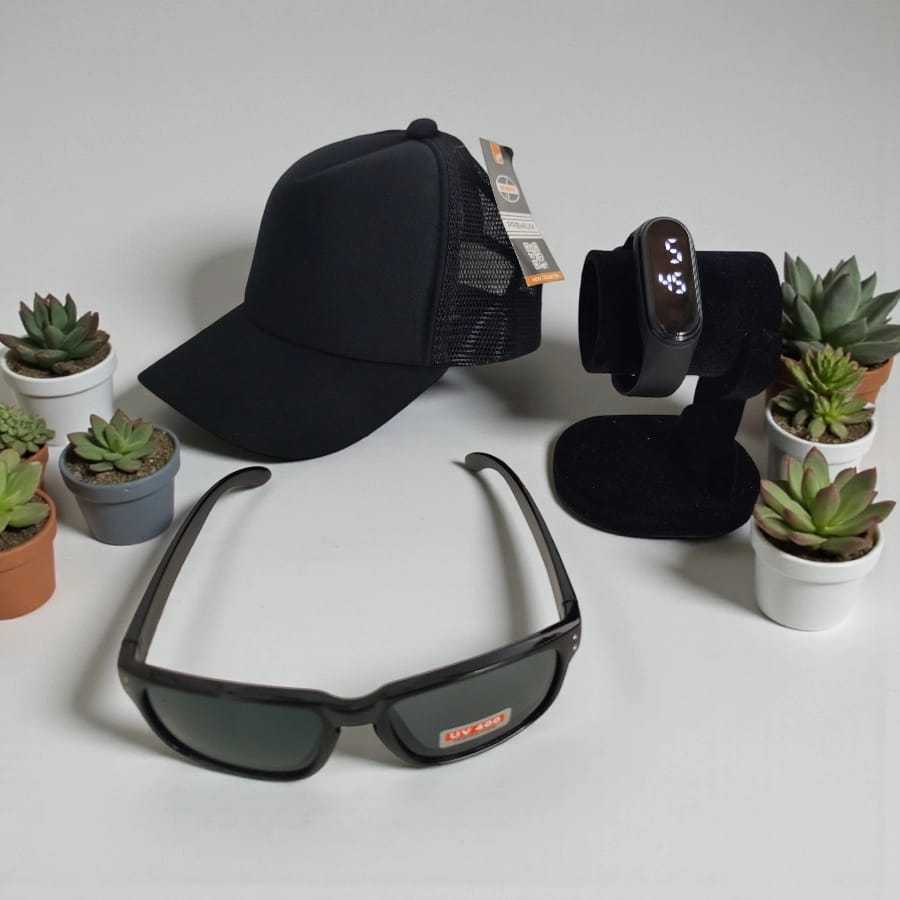 Presente KIT INFANTIL ÓCULOS BONÉ COM TELA RELÓGIO PRETO Unissex