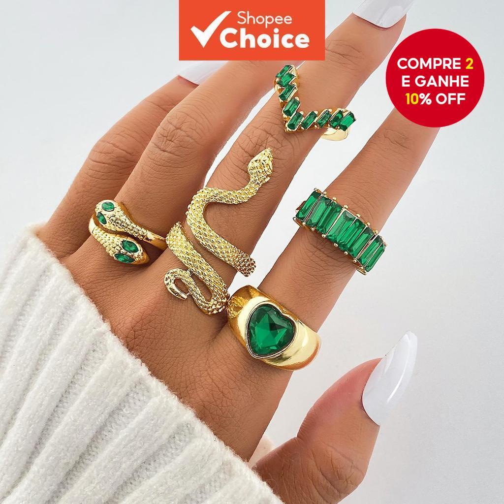 Conjunto de 5 peças Novo Estilo Retro Fashion Metal Snake Ring com Diamantes Várias Cores Disponíveis