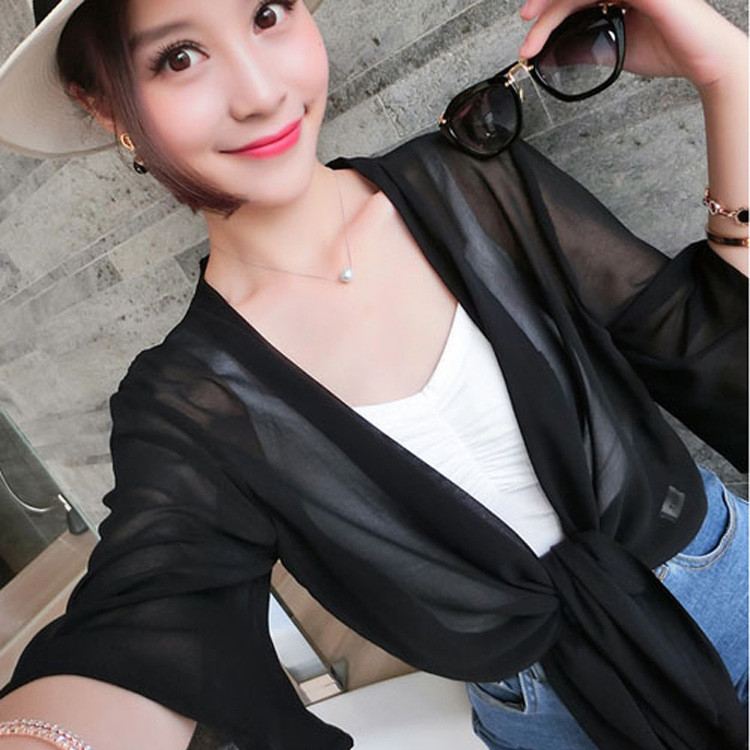 Atacado 2025 novo estilo versão coreana Chiffon protetor solar roupas moda feminina preto branco xale jaqueta roupas de