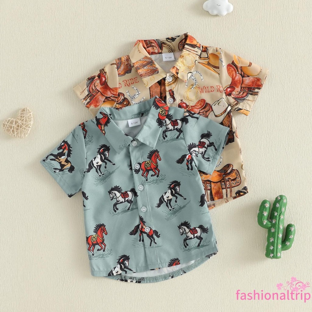 Camisas Ocidentais Para Bebês Meninos , Manga Curta , Estampa De Cavalos/Botas , Com Botões , Tops De Verão Crianças Peq