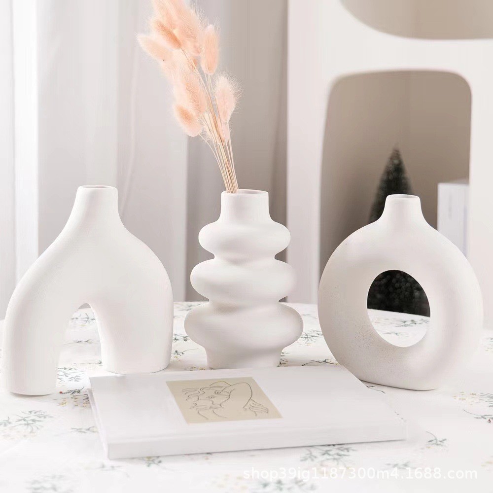 Conjunto de três peças vaso de cerâmica branco redondo Design geométrico vaso simples queima conjunto vaso decoração RXR