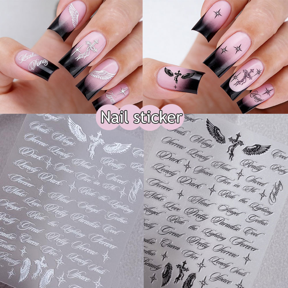 Asas De Anjo Preto Branco Y2K Etiqueta Do Prego Decalques Carta Palavras Adesivos Arte 3D DIY Manicure Decorativa Projet