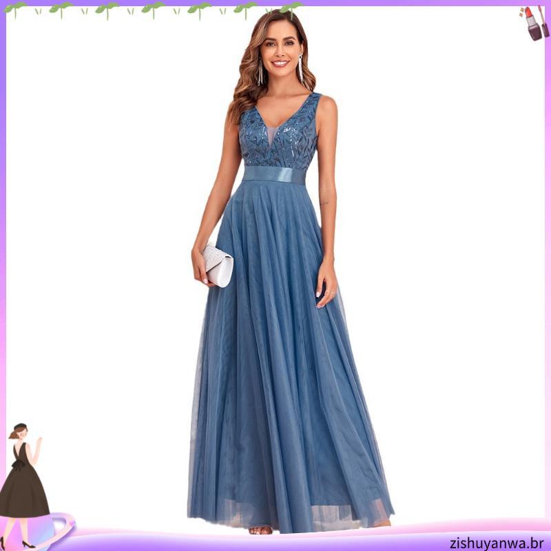 Vestido de noite elástico sem mangas com decote em V tule bordado longo elegante vestido de banquete vestido de dama de