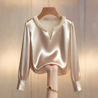 Primavera Verão Blusas De Manga Longa Senhora Tendência 2026 Novo Francês High-end Feminino Pérola Cetim Camisa Moda Com