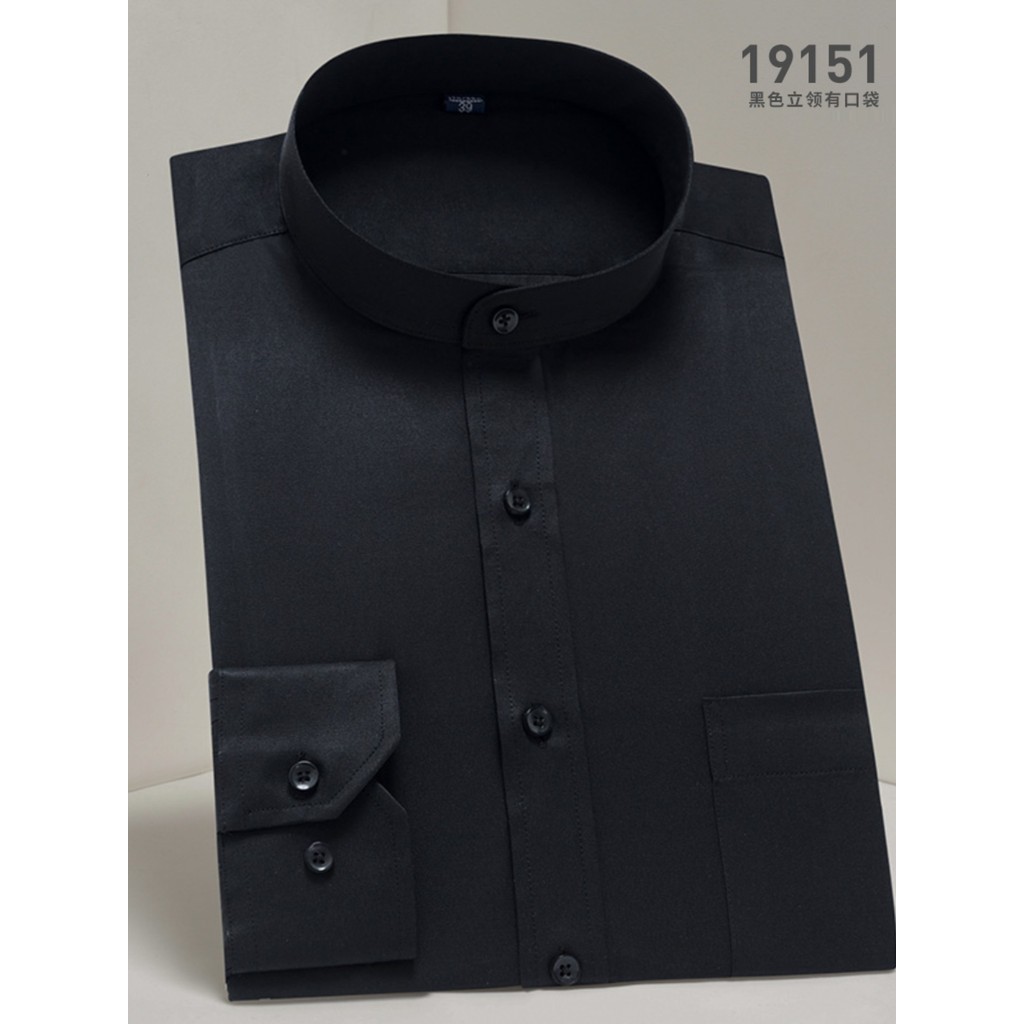 Primavera gola alta camisa masculina de manga comprida negócios Casual estilo chinês camisa preta camisa de fundo em tor