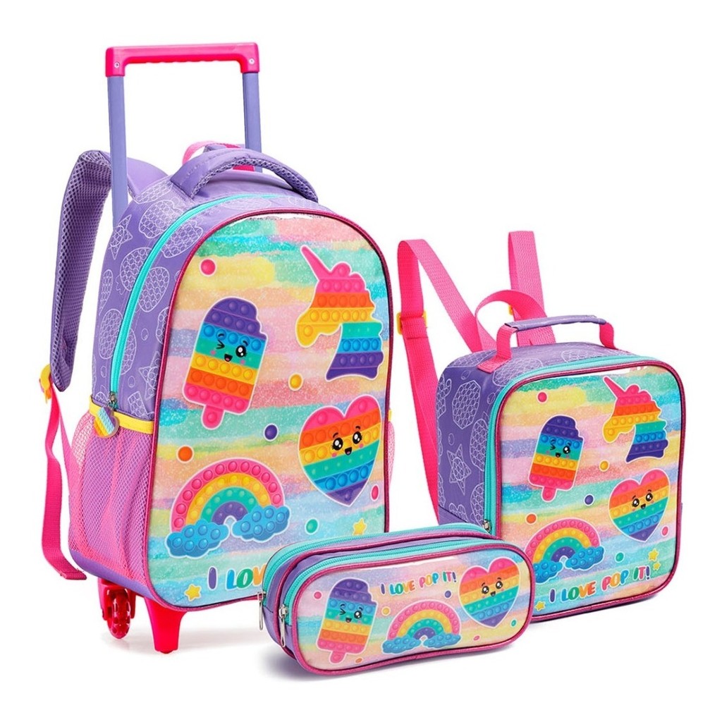 Kit Mochila Rodinha Lancheira Estojo Infantil Menina Feminina Pop It Sorvete Seanite