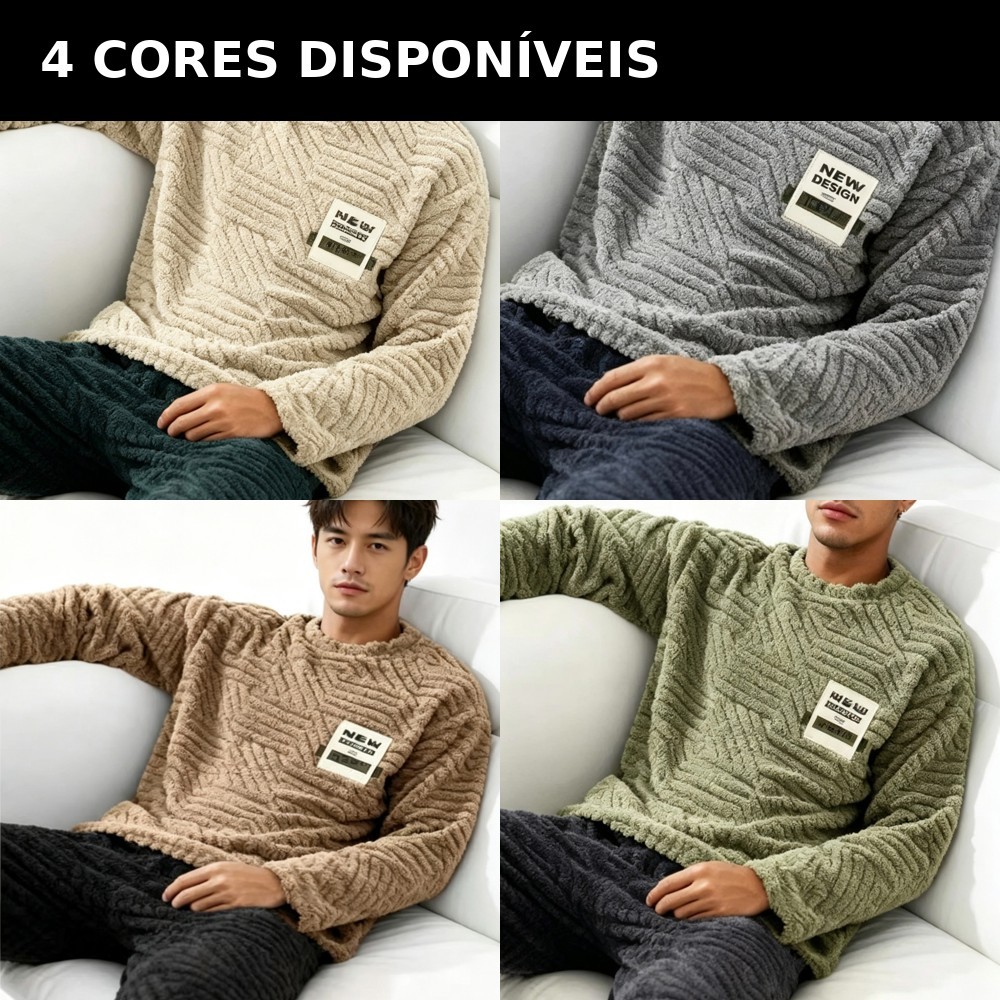 Conjunto Pijama Masculino Peluciado Inverno Com Calça E Blusa Manga Longa Roupa De Dormir Quente Homewear