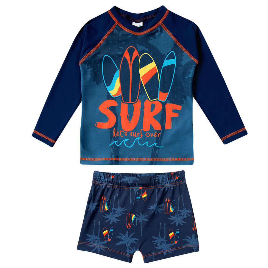 Conjunto Praia Surf Marinho Elastano Uv50 1 A 3 Anos Tip Top