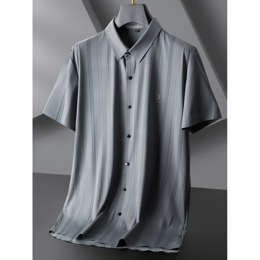 Camisa de tamanho grande masculina de manga curta não-ferro luz luxo high-end Casual high-end camisa listrada masculina 