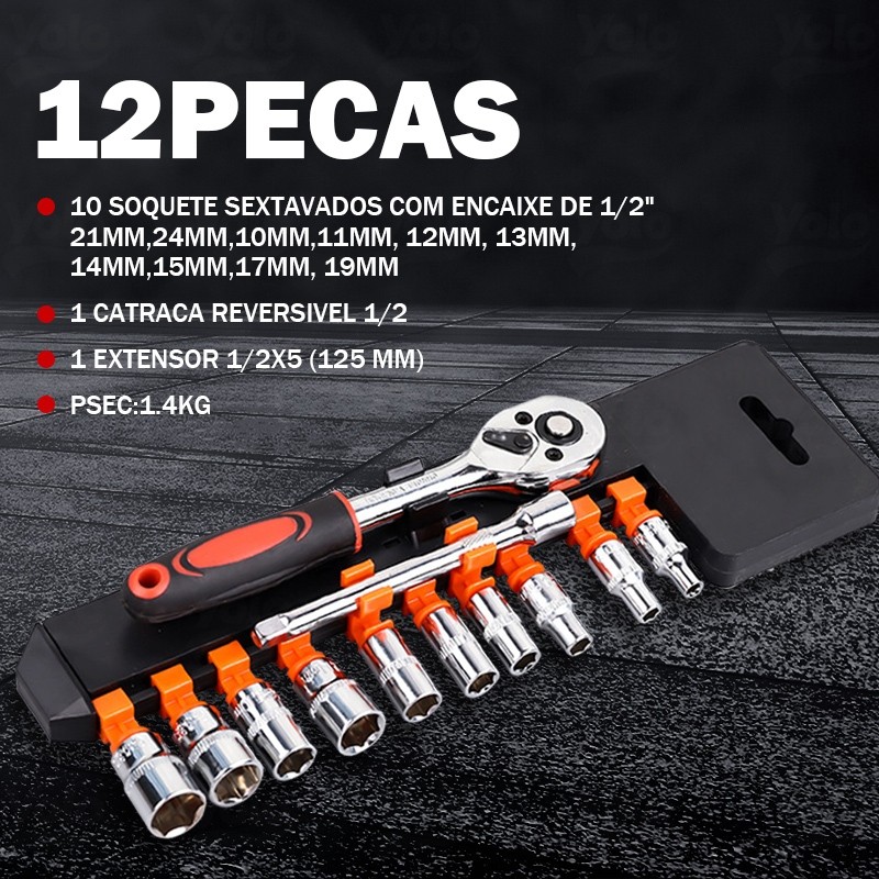 Kit Jogo De Soquete Sextavado 1/2 Catraca 12 Peças 8 A 24mm1/4 Catraca 12 Peças 4 A 13mm Com Extensão