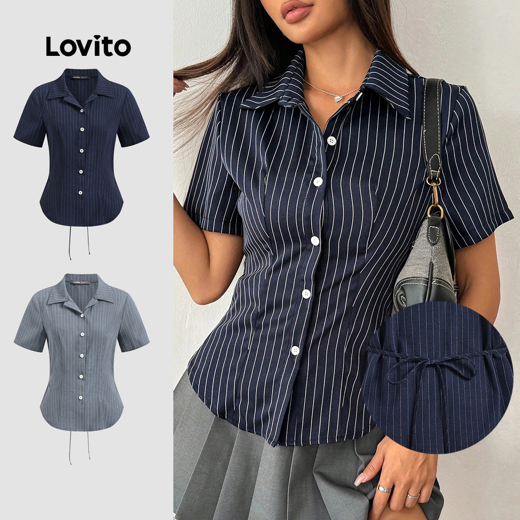 Lovito Fecho Frontal Casual Blusa Feminina Listrada Com Botão Frontal Redondo Bl